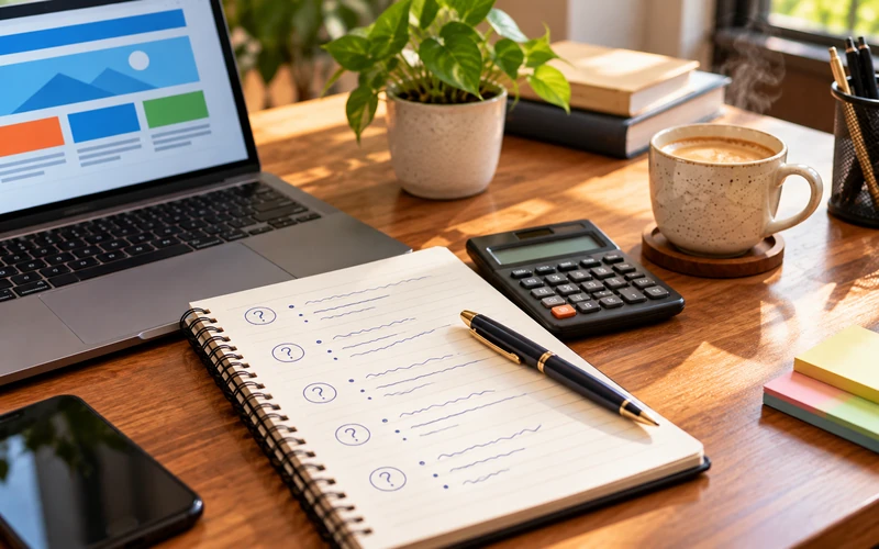 A handwritten notepad listing common client questions sits beside a calculator and coffee cup