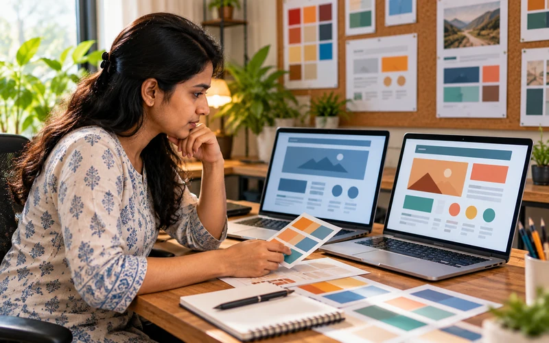 A designer compares two different website mockups side by side to match brand identity