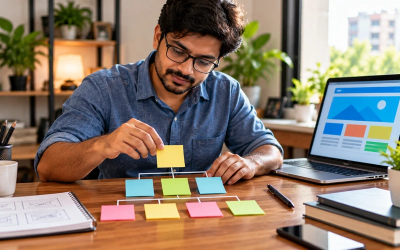 Hands arranging labeled sticky notes into a clear website hierarchy on a desk.