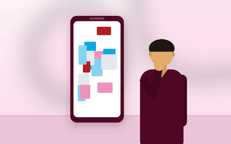 A woman squints at her smartphone screen while trying to navigate a cramped mobile website.