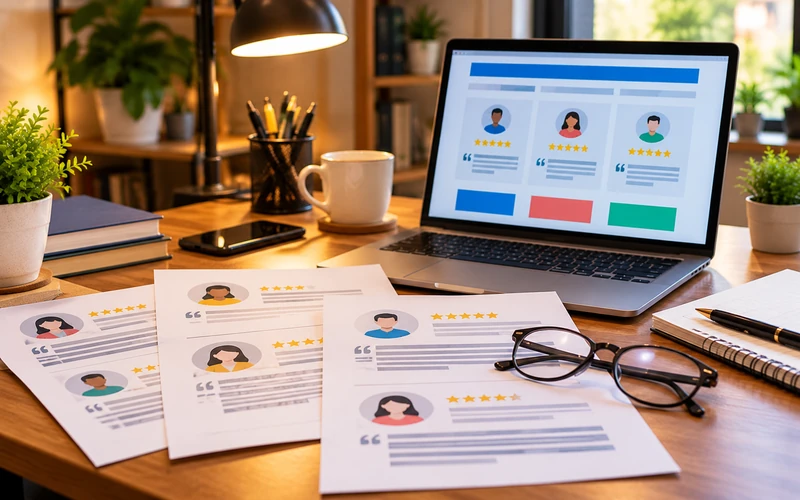 Printed customer testimonial pages laid next to an open laptop on a desk.