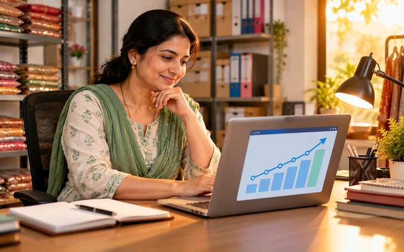 A shop owner reviews a simple upward trending graph on a laptop at her desk.
