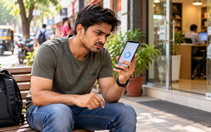 A person waits with visible impatience while a phone screen shows a loading spinner.