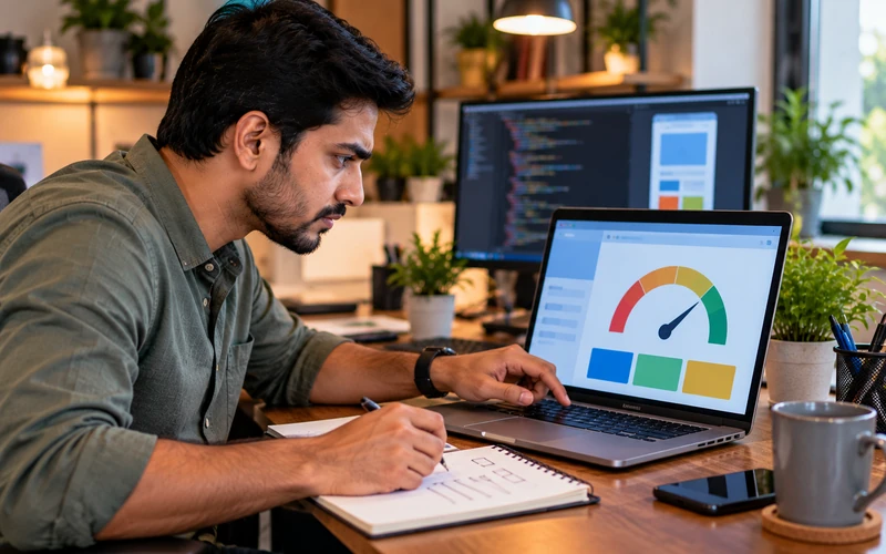 A developer reviews a website speed gauge on a laptop at a tidy desk.