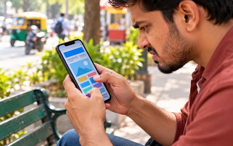 A close-up of hands gripping a smartphone showing a cramped, overlapping webpage layout.