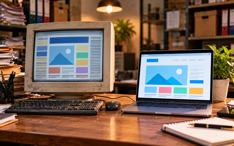 An old dusty desktop monitor sits beside a sleek modern laptop on the same desk.
