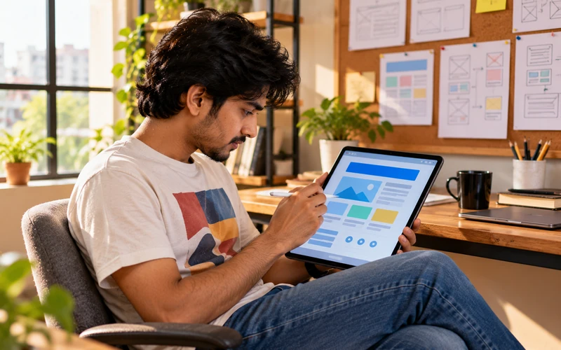 A designer sketches a service page wireframe layout by hand on a tablet