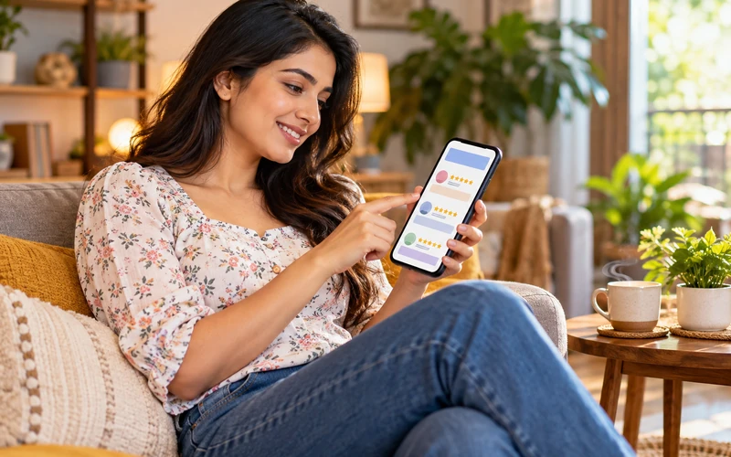 A customer scrolls through star ratings and review cards on a smartphone screen.