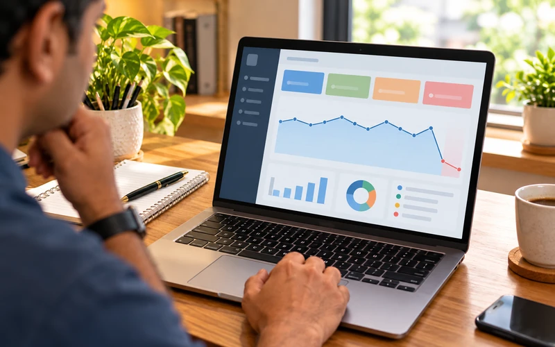 A laptop screen displays an abstract analytics graph with a sharp downward dip in engagement.