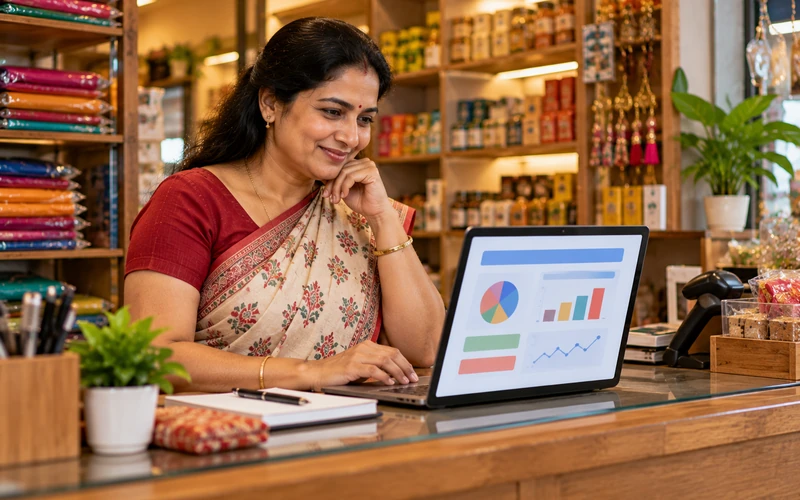 A small shop owner reviews a website analytics dashboard on a laptop near the checkout counter.