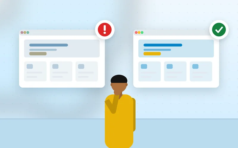 A customer's hands hold a phone while comparing two business websites side by side.