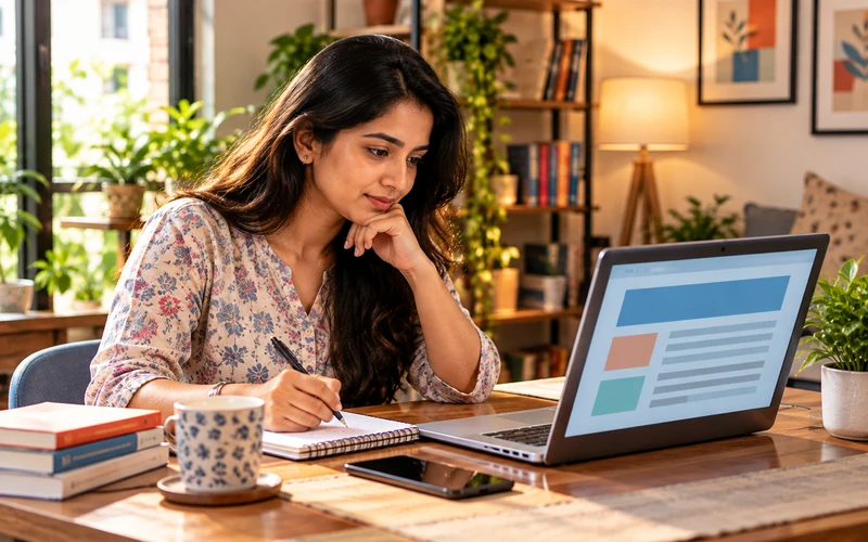 A customer takes notes in a notebook while reading detailed service information on a laptop.