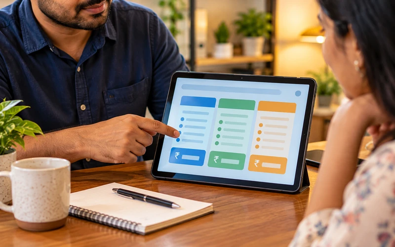 A hand points to a clear pricing list displayed on a tablet screen.