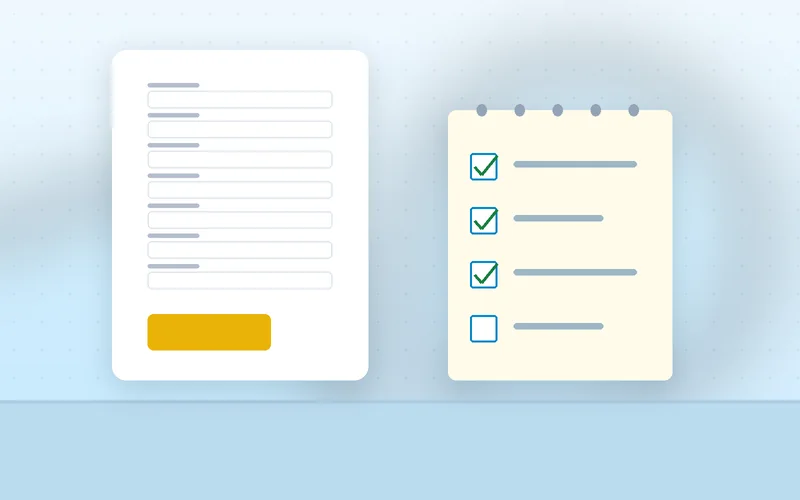 A notepad lists a short checklist beside a laptop showing a simple contact form.