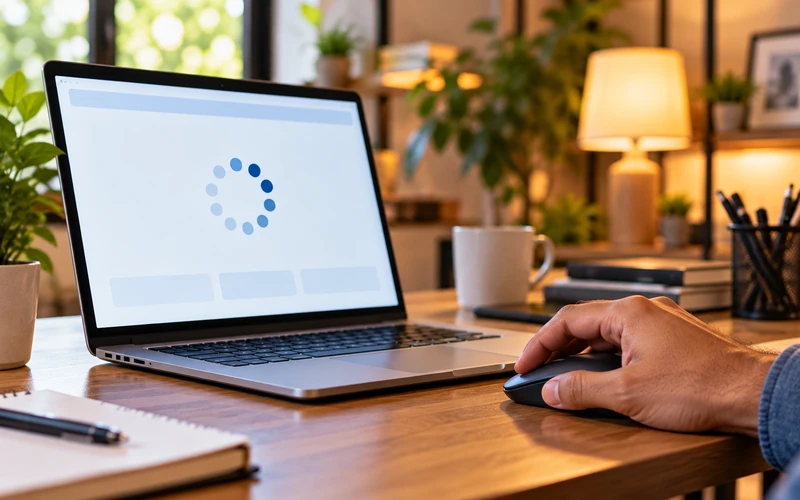 A hand rests near a laptop mouse while a webpage loading spinner spins on screen.