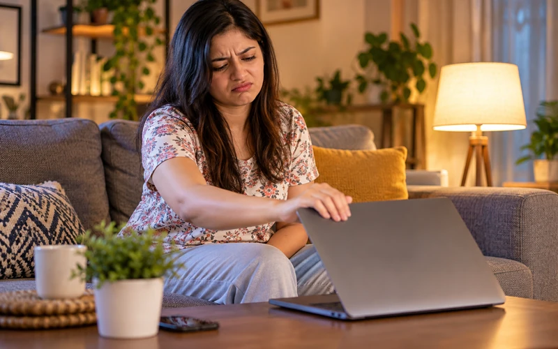 A frustrated customer closes her laptop after struggling with a cluttered webpage.
