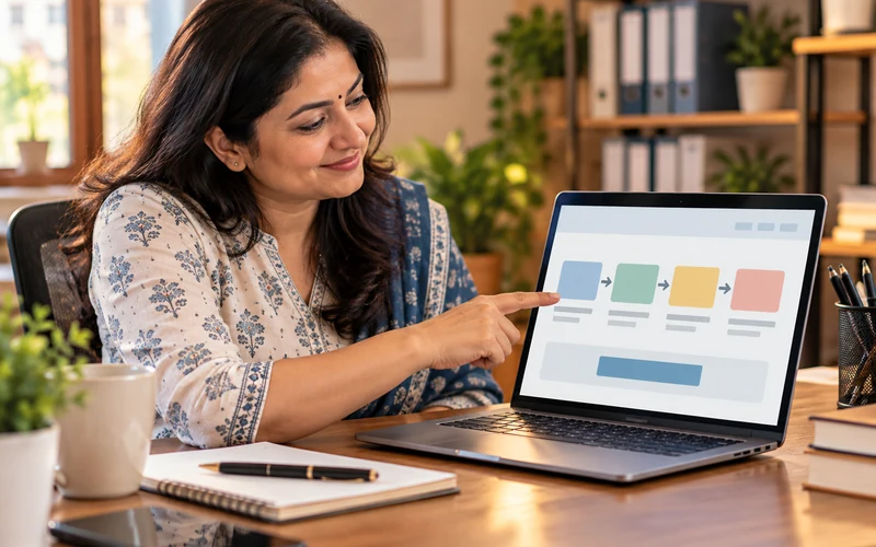A small business owner smiles while reviewing a simple visitor path diagram