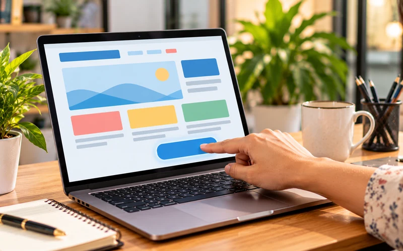A finger clicks a clearly visible action button on a webpage mockup.