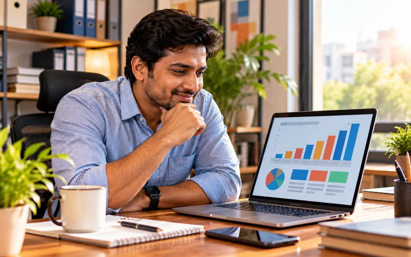 A business owner studies simple bar charts on a laptop showing rising conversions.