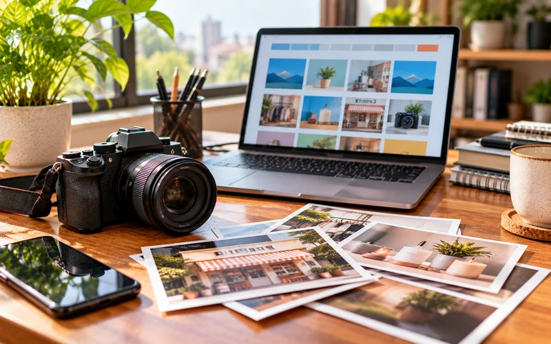 A camera and printed photographs sit next to a laptop displaying a photo gallery grid.