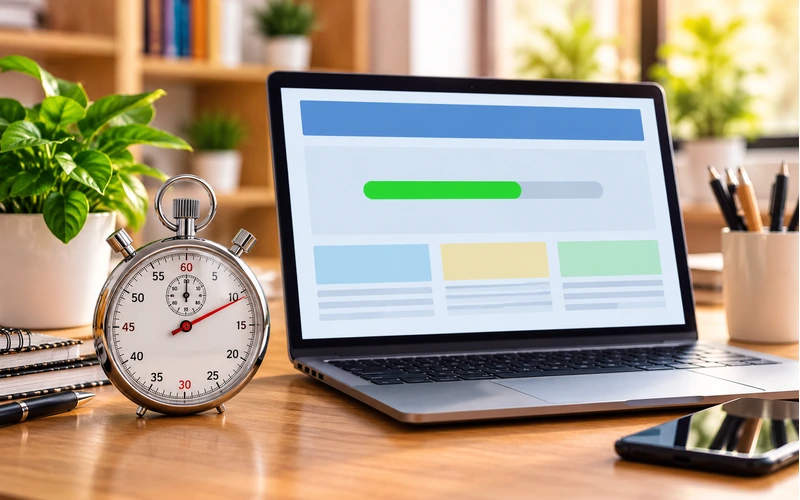 A stopwatch rests beside a laptop screen showing a webpage loading progress bar.
