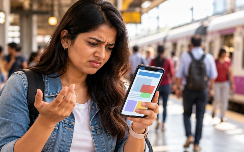 A frustrated user squints at a misaligned website layout on their smartphone
