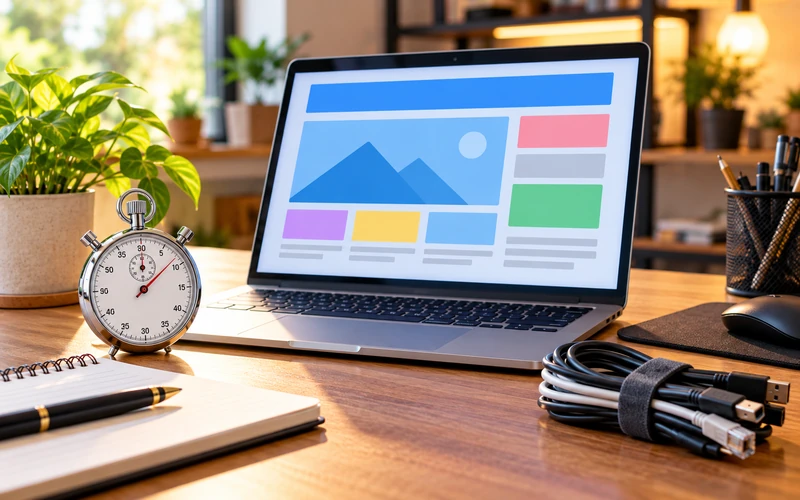 A desk with a laptop, stopwatch, and neatly bundled cables symbolizing streamlined website performance.
