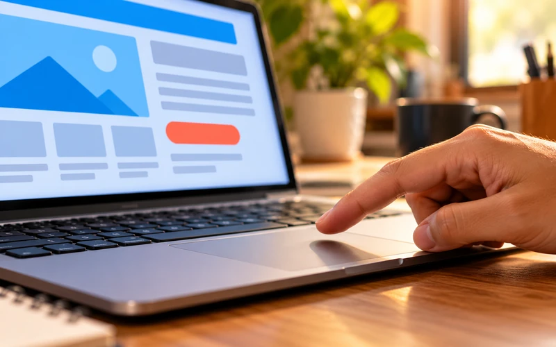 A finger hovers just above a laptop trackpad beside a highlighted button shape on screen.