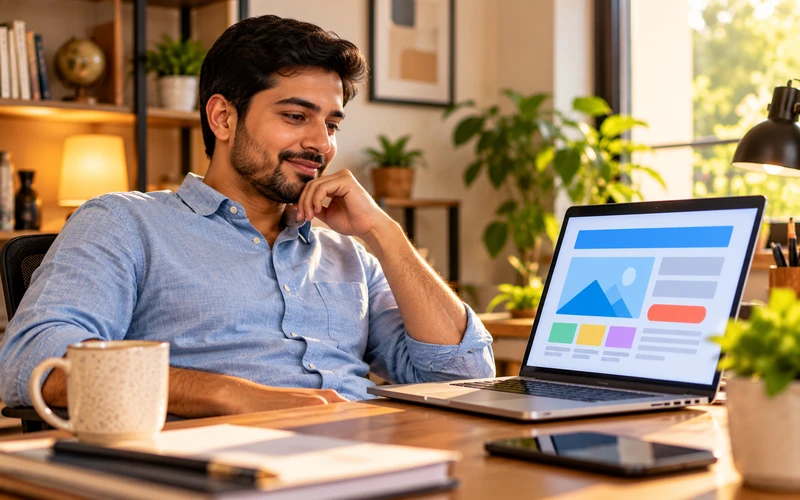 A customer leans back calmly while reading a webpage on a laptop at a desk.