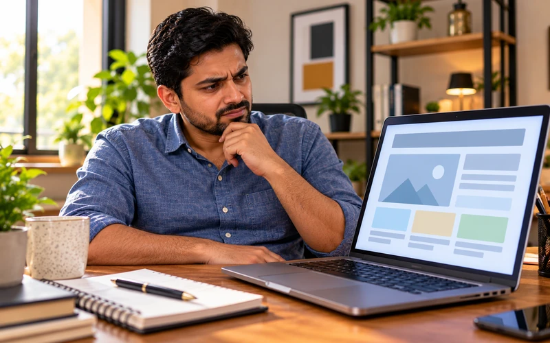 A business owner looks unconvinced while viewing a generic website template on a laptop