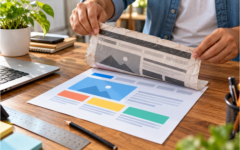 Hands replace an old printed webpage mockup with a fresh redesigned layout on a desk