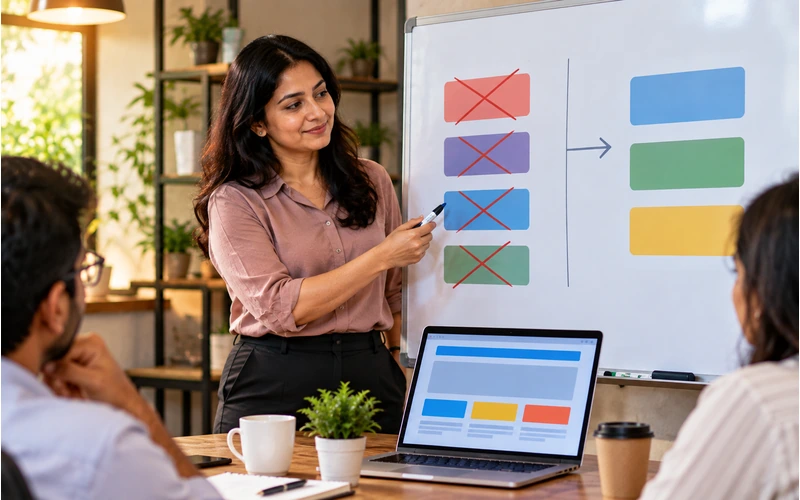 A business owner crosses out jargon on a whiteboard and writes simpler words