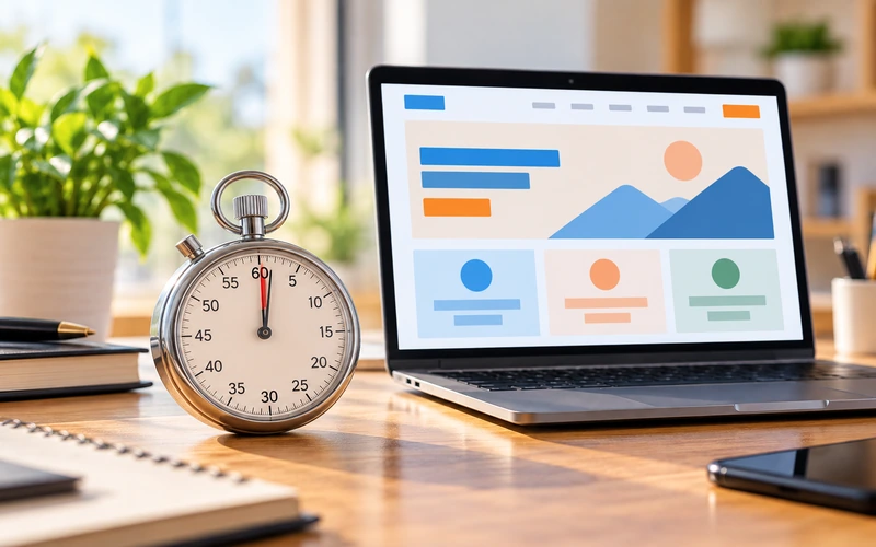 A stopwatch overlay beside a laptop suggests how quickly a visitor forms a first impression.