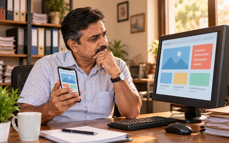 A small business owner compares an old desktop monitor with a smartphone on the same desk.