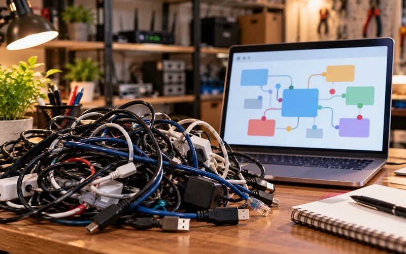 Tangled cables sit beside a laptop, symbolizing accumulated technical complexity.