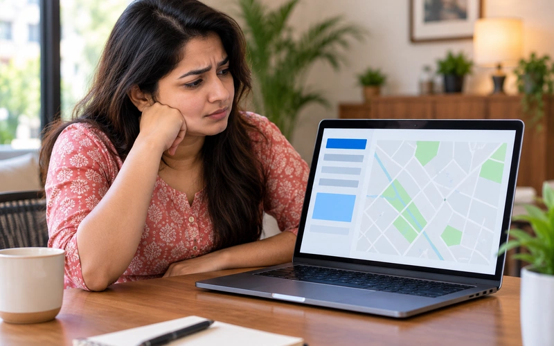 A customer looks at a laptop map screen with no clear local service area marked.