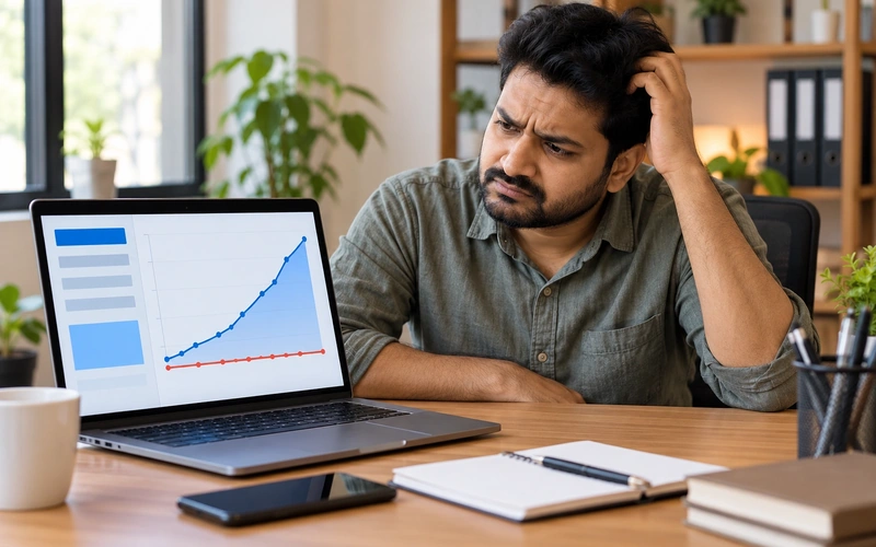 A business owner looks puzzled at an analytics graph showing high traffic but flat conversions.