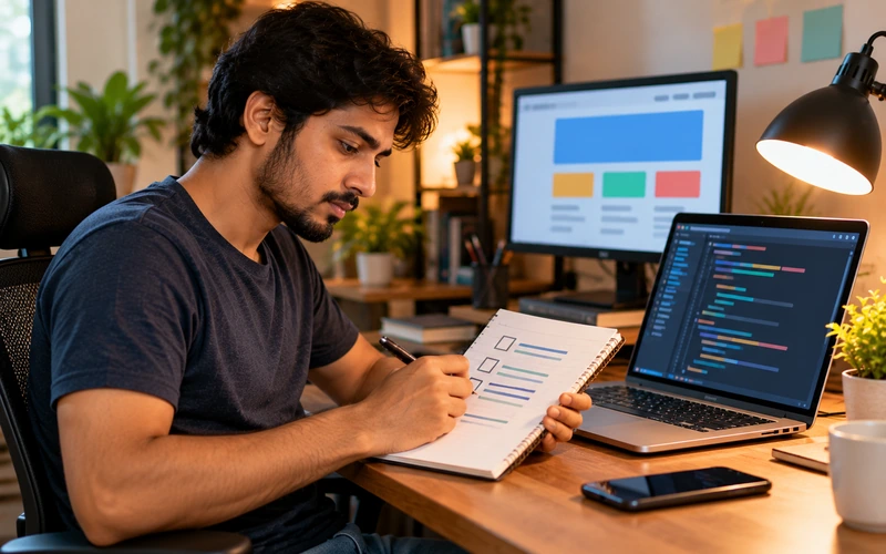 A developer reviews a handwritten checklist of SEO essentials beside a laptop with code on screen