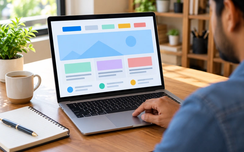A hand clicks through clearly labeled navigation tabs on a laptop screen.