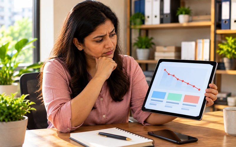 A business owner studies a declining search ranking graph on a tablet screen