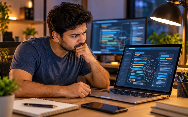 A developer looks at a laptop showing a tangled, cluttered code structure