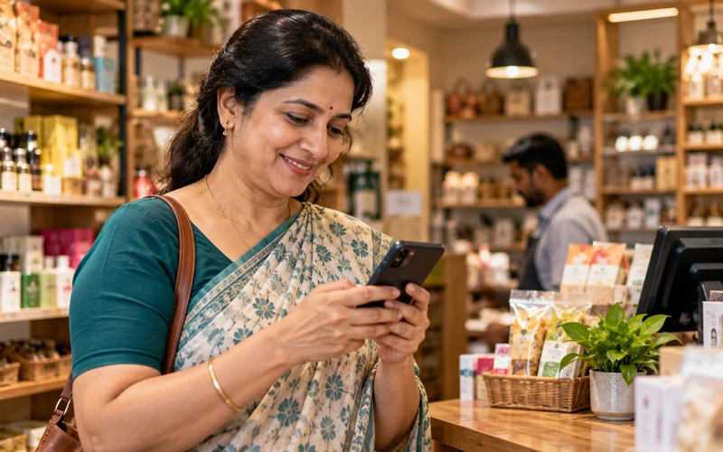 A satisfied customer smiles while typing a review on a smartphone inside a small shop.