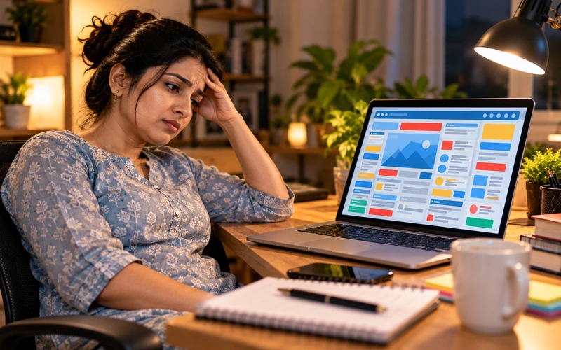 A visitor leans back overwhelmed by a dense, overcrowded webpage layout.