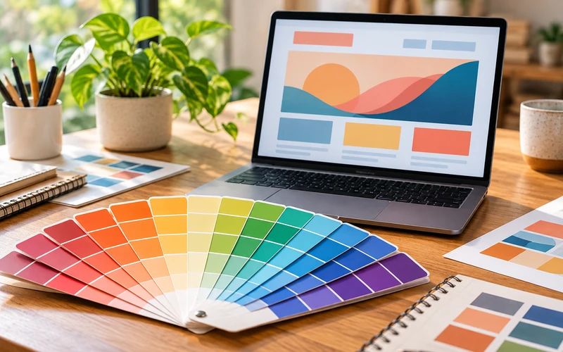 A fan of warm and cool color swatch cards rests beside an open laptop on a desk.