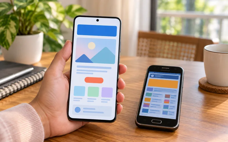 A hand holds a modern smartphone with a clean layout next to an older phone model.
