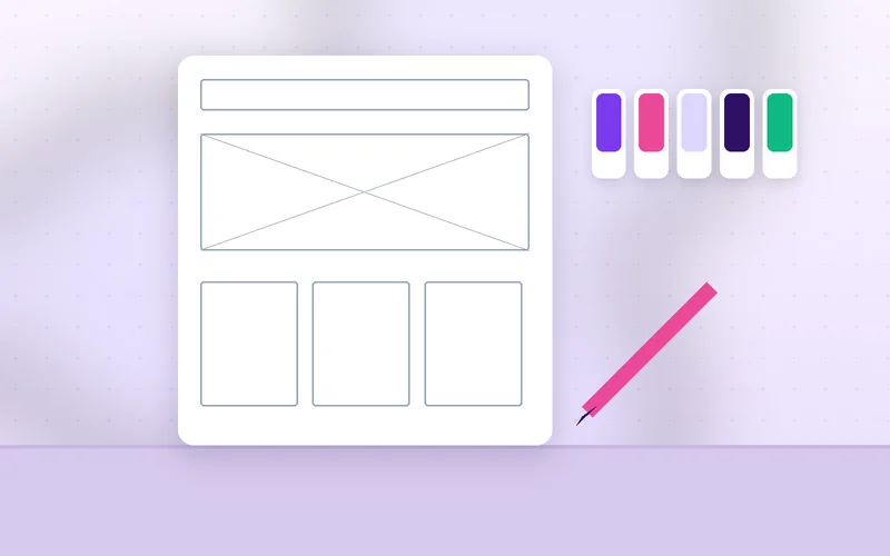 A laptop screen displays an abstract wireframe layout with clearly sized content blocks.