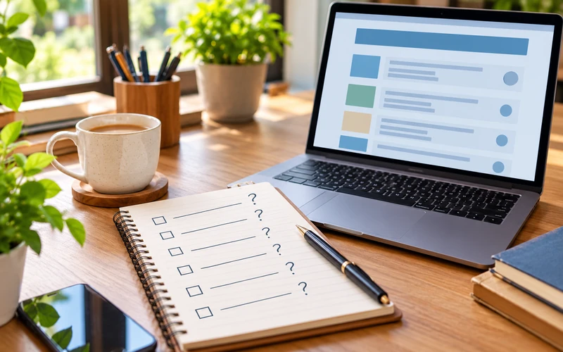 A handwritten checklist of common customer questions sits on a notepad beside a laptop.
