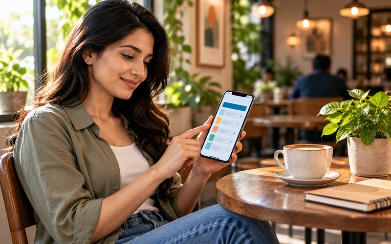 A customer relaxes at a cafe table while scrolling through an FAQ list on her phone.