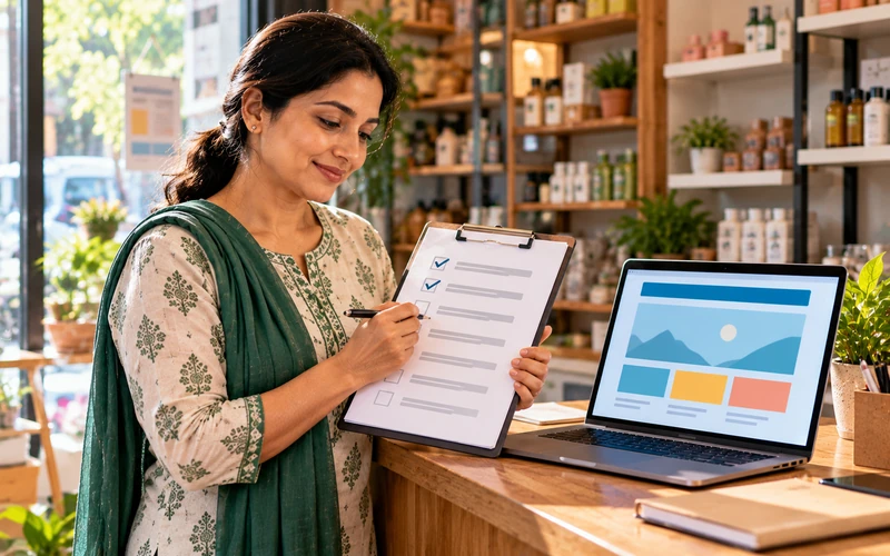 A shop owner checks off a maintenance checklist on a clipboard near a laptop