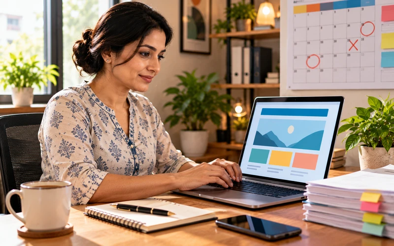 A business owner updates contact details on a laptop beside a wall calendar